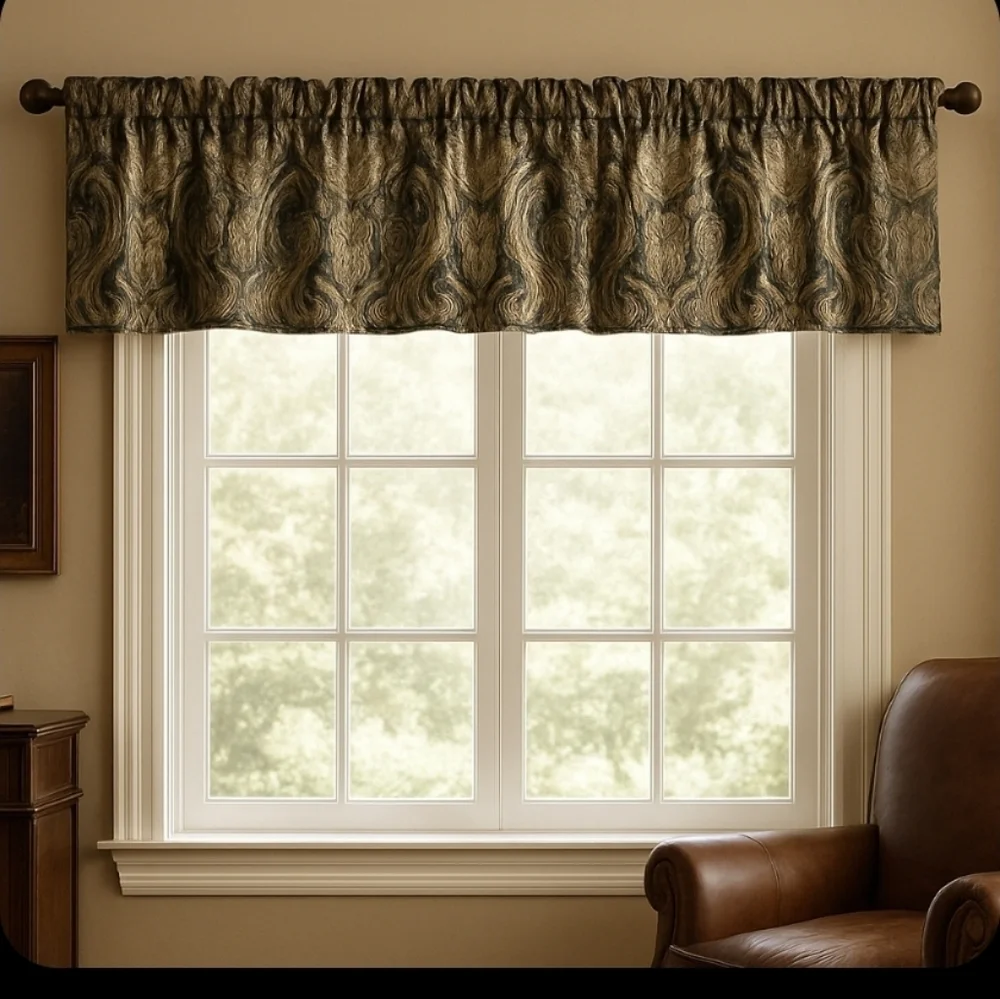 Raymond Waites black gold baroque paisley jacquard valance set, lined, 87